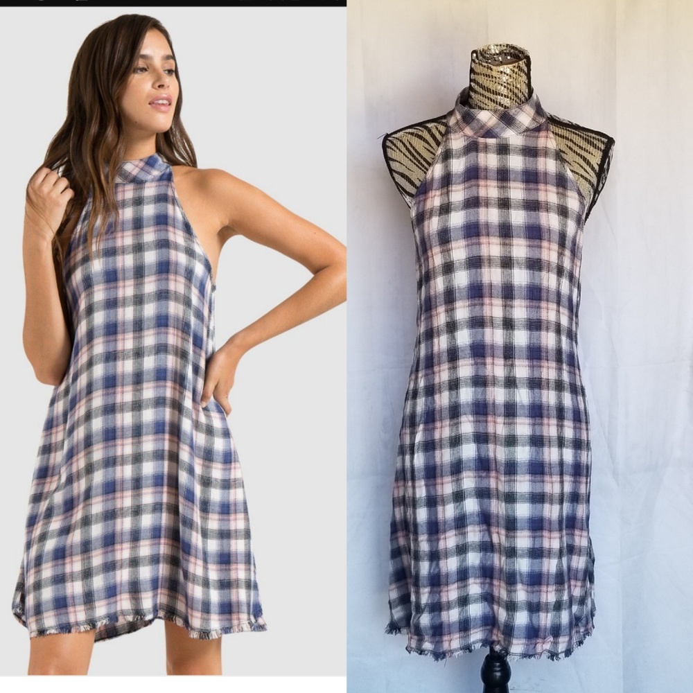 NWOT Bella Dahl- pink blue plaid mock neck dress L